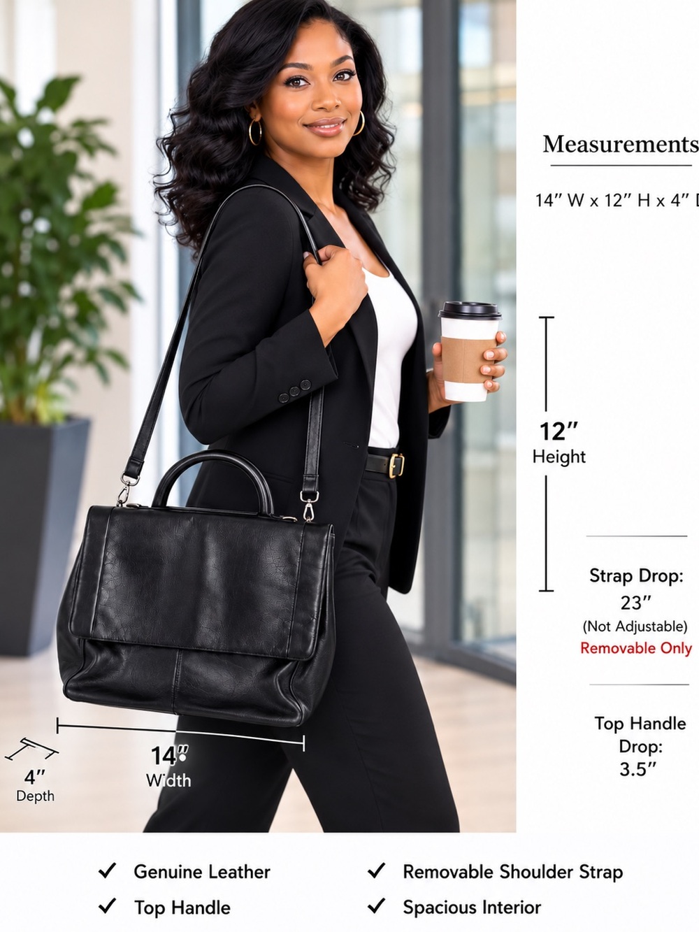Croft & Barrow Genuine Leather Satchel Messenger Bag Black Y2K Removable Strap - Picture 2 of 15